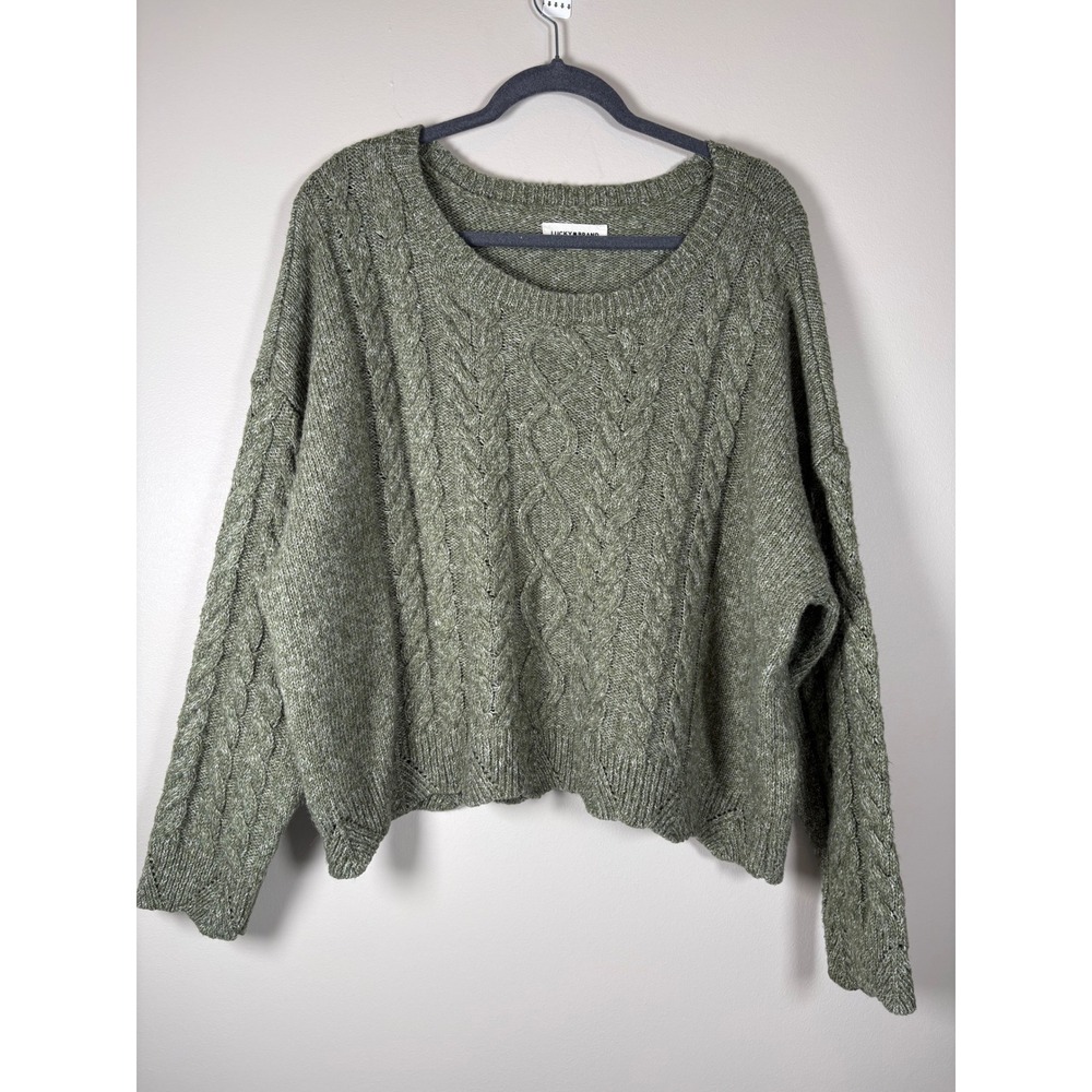 Lucky Brand Womens XXL Olive Green Cable Knit Scalloped Hem Sweater Boxy Cropped
